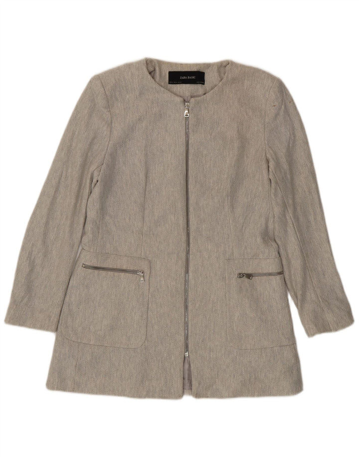 Zara Damen-Blazer mit durchgehendem Reißverschluss, UK 18, XL, graue Baumwolle mit Fischgrätenmuster