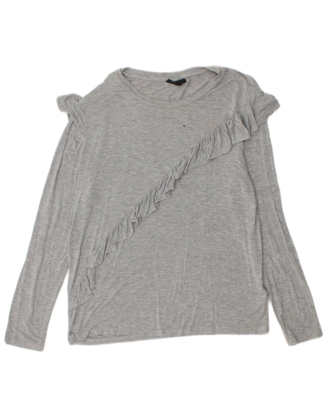 Topshop Damen-Top mit Rüschen vorne, langärmlig, UK 12, Mittelgrau meliert