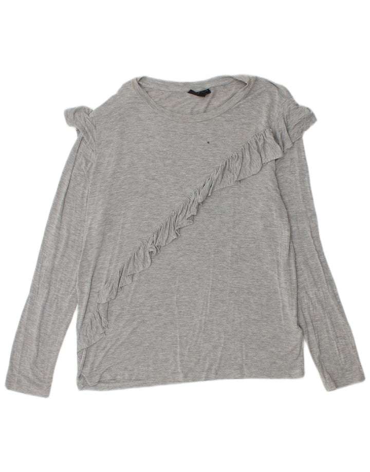 Topshop Damen-Top mit Rüschen vorne, langärmlig, UK 12, Mittelgrau meliert