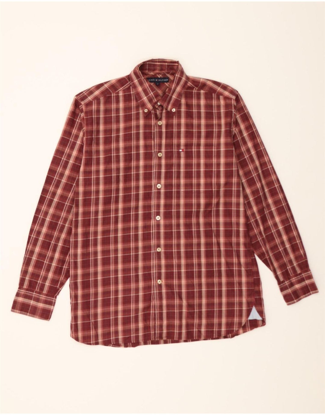 TOMMY HILFIGER Mens Flannel Shirt Medium Maroon Check Cotton Vintage Tommy Hilfiger and Second-Hand Tommy Hilfiger from Messina Hembry 