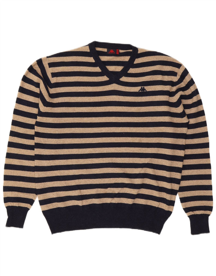 Kappa Herren-Pullover mit V-Ausschnitt, XL, beige, gestreifte Wolle