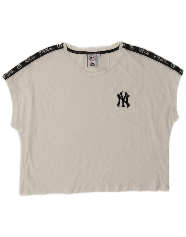 Majestic Damen New York Yankees Crop Graphic T-Shirt Top UK 10 Small Weiß