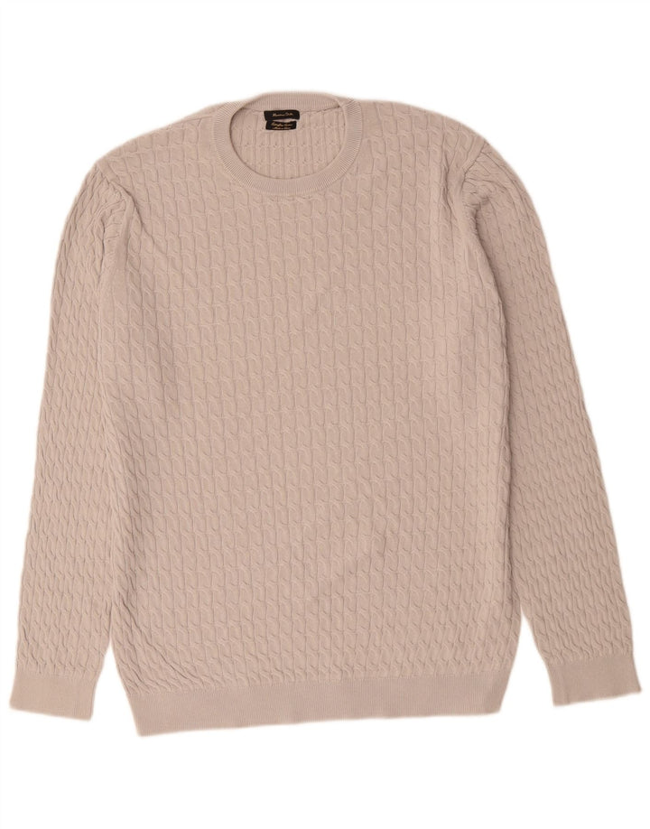 Massimo Dutti Herren-Pullover mit Rundhalsausschnitt, XL, graue Baumwolle