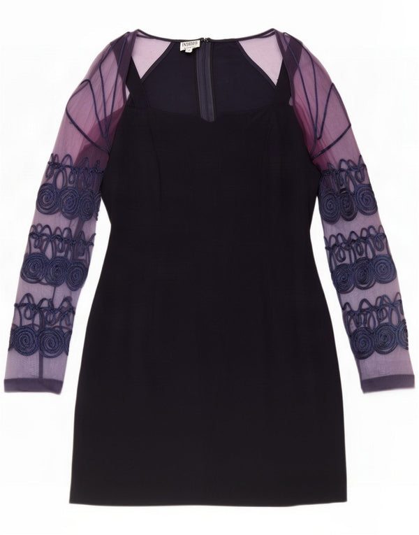 Vintage Damen Langarm-Etuikleid UK 14 Medium Navy Blue Floral