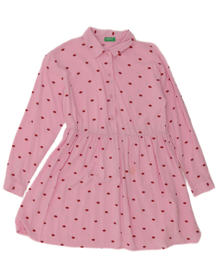 Benetton Damen-Kleid mit abstraktem Muster, langärmelig, A-Linie, Gr. 10, Rosa