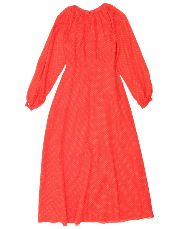 Vintage Damen Langarm Maxikleid UK 12 Mittelrot geflecktes Polyester