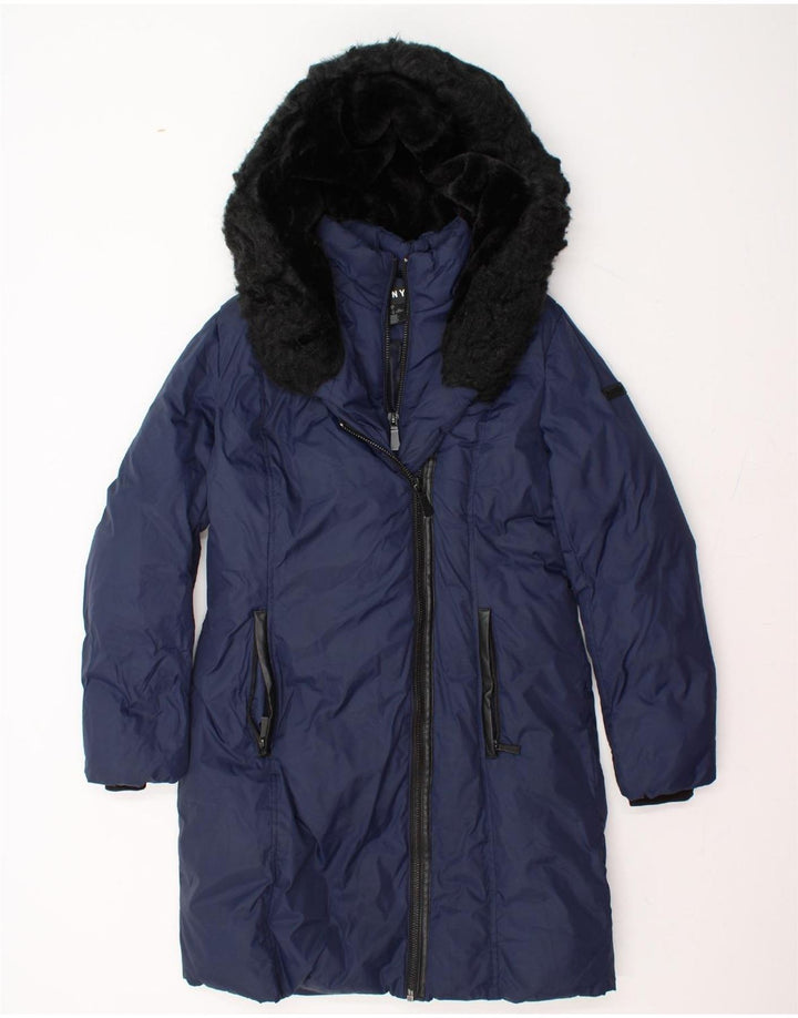 DKNY Womens Hooded Padded Coat UK 10 Small Navy Blue Polyester Vintage Dkny and Second-Hand Dkny from Messina Hembry 