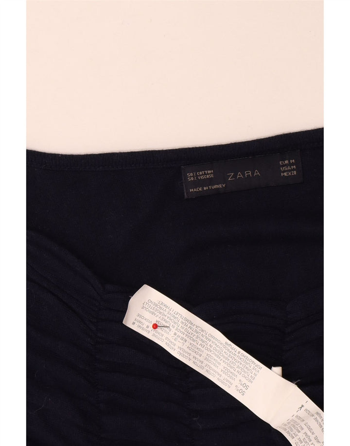 Zara Damen Top Langarm UK 12 Medium Marineblau Baumwolle