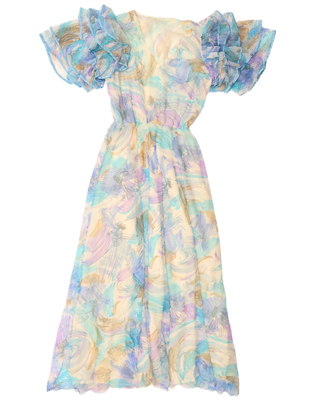 VINTAGE Damen Maxikleid mit abstraktem Muster UK 12 Mittelblau