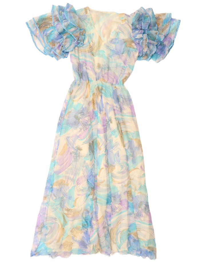 VINTAGE Damen Maxikleid mit abstraktem Muster UK 12 Mittelblau