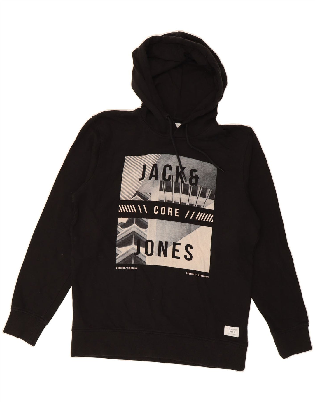 JACK & JONES Mens Core Graphic Hoodie Jumper Medium Black Cotton Vintage Jack & Jones and Second-Hand Jack & Jones from Messina Hembry 