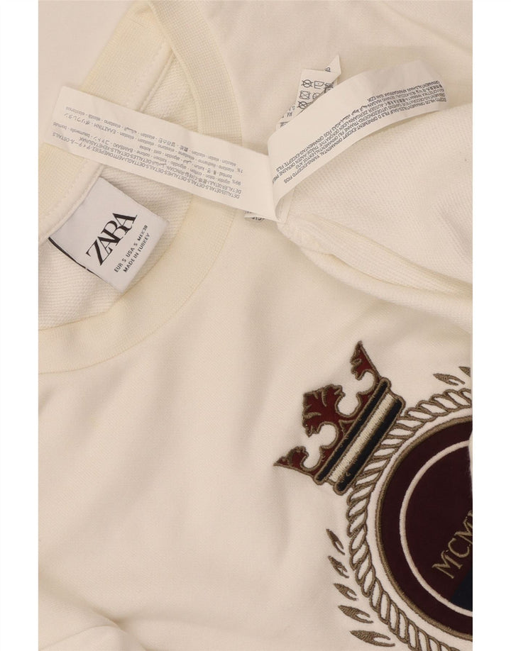 Zara Herren-Sweatshirt mit Grafik, Größe S, weiße Baumwolle