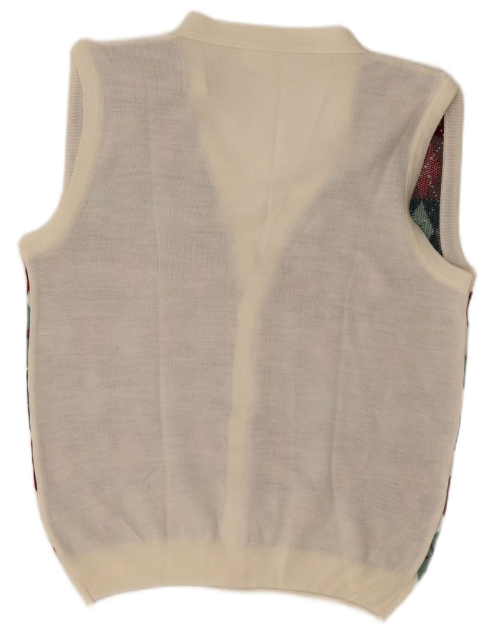 Vintage Herren Ärmelloser Cardigan Pullover Groß Weiß Argyle/Diamant