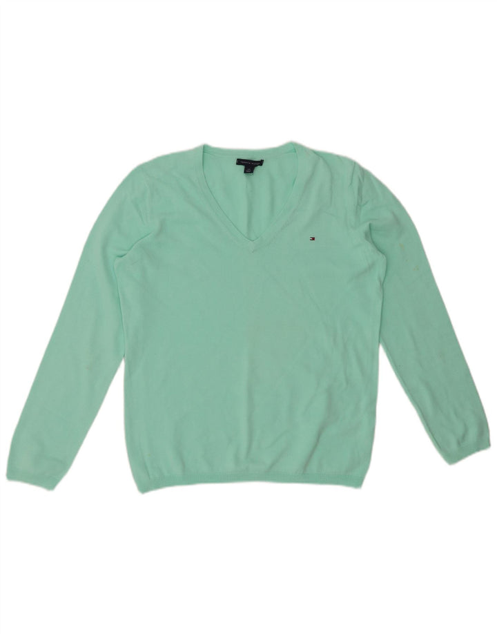 TOMMY HILFIGER Damen-Pullover mit V-Ausschnitt, UK 14, große türkisfarbene Baumwolle