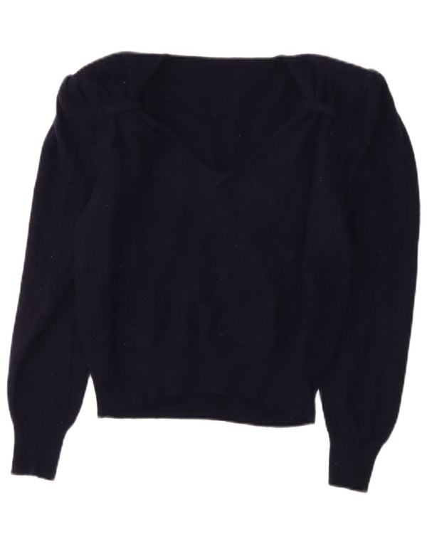 Vintage Damen Crop V-Ausschnitt Pullover Pullover IT 44 Medium Navy Blue Wolle