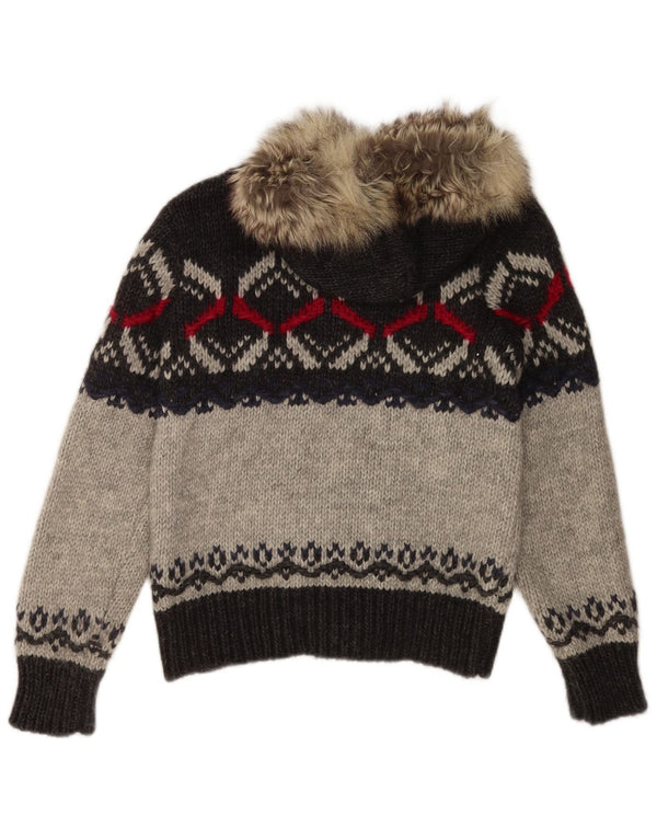 Benetton Damen-Cardigan mit Kapuze, Gr. 10, Small, Grau, Fair-Isle-Acryl