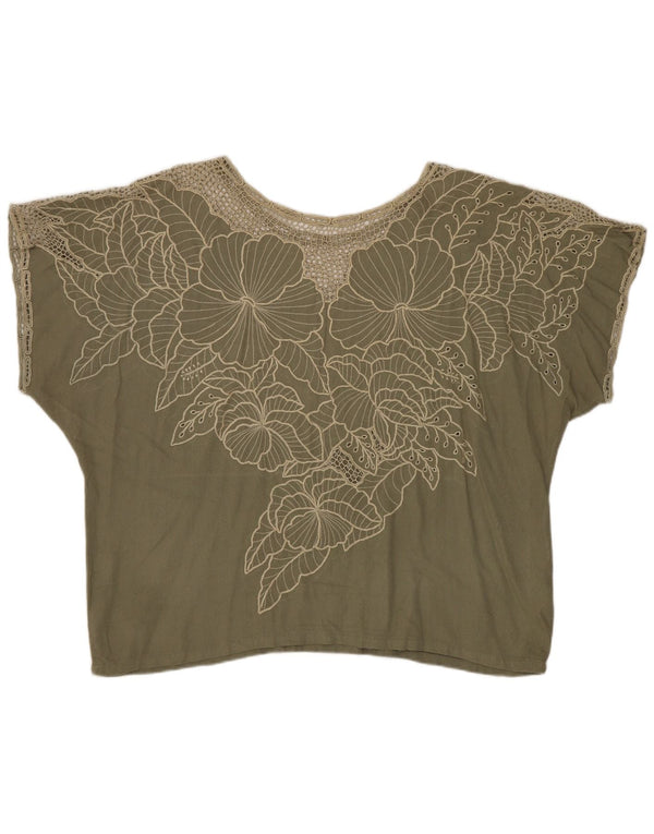Vintage Damen Bluse Top UK 16 Großes Khaki Floral Rayon