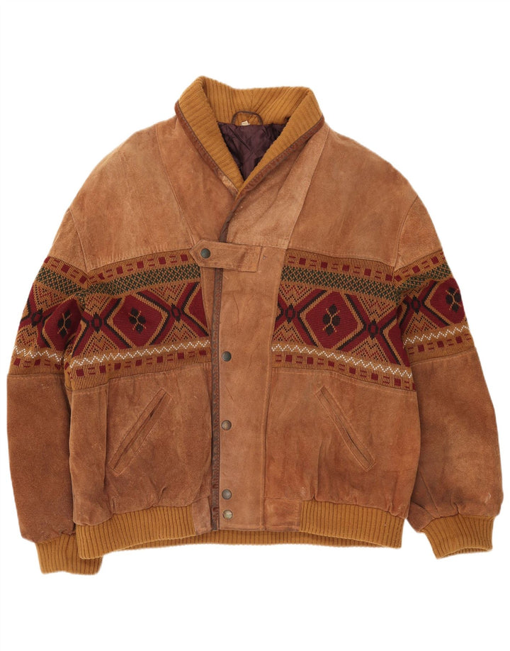 Vintage Herren Wildleder Bomberjacke UK 42 XL Braun Geometrisch