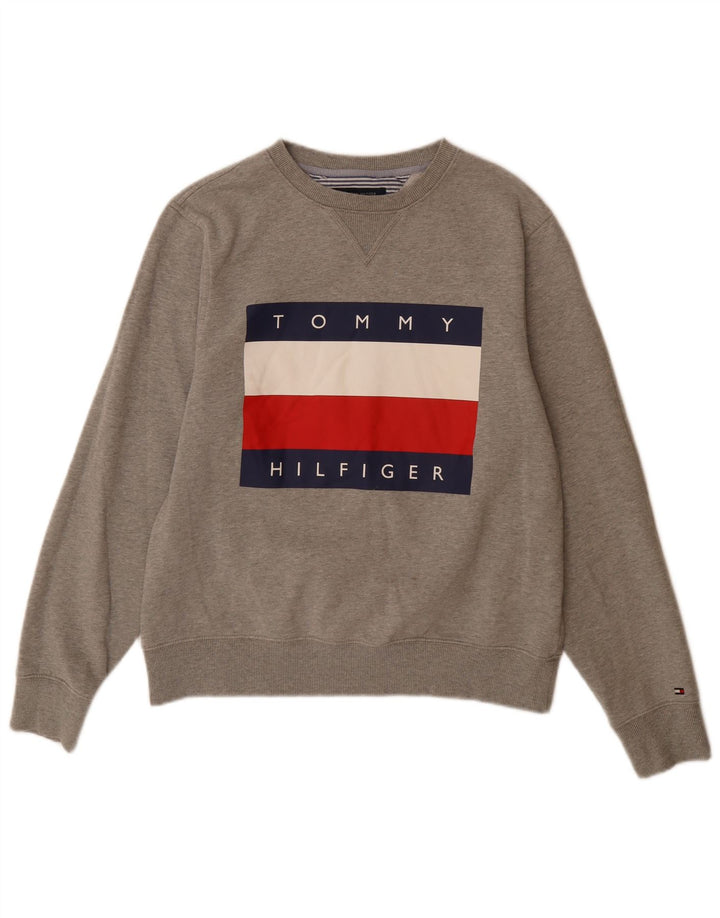 TOMMY HILFIGER Damen Grafik-Sweatshirt-Pullover UK 14 Mittelgraue Baumwolle