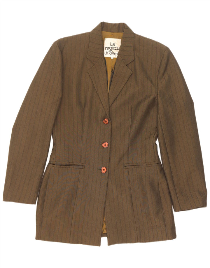 Vintage Damen 3-Knopf-Blazerjacke IT 44 Medium Khaki Gestreiftes Polyester