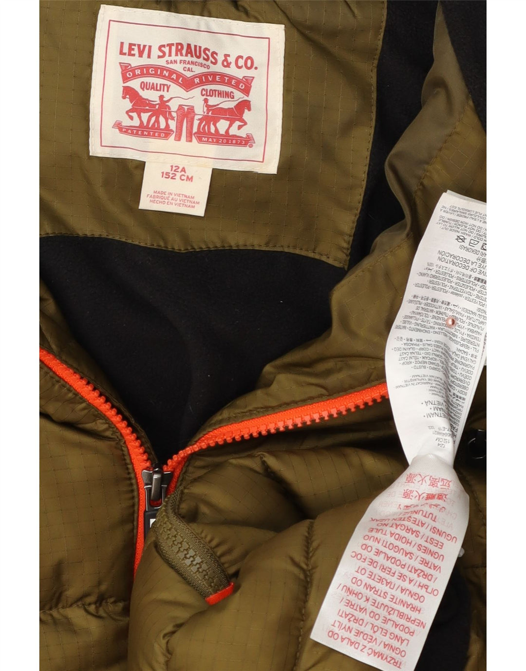 Levi's wattierte Jungenjacke mit Kapuze, 11–12 Jahre, Khaki, Farbblock-Polyester