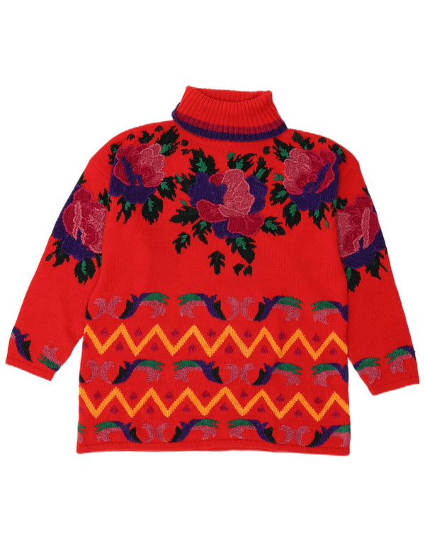 Vintage Damen Rollkragenpullover Pullover UK 18 XL Rot Blumen Polyacryl