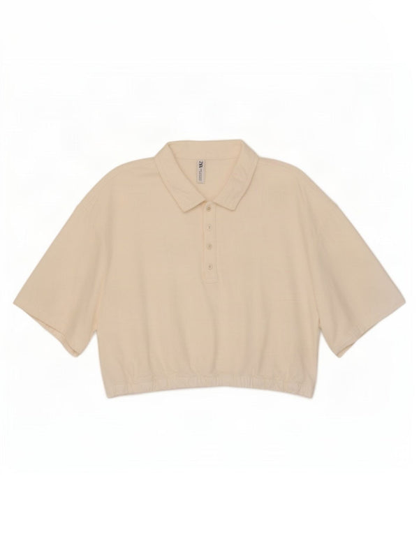 Zara Damen Crop Poloshirt UK 16 XL Weiße Baumwolle
