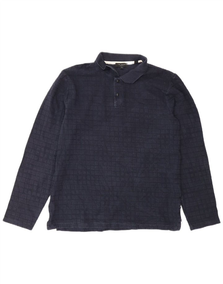 Ted Baker Herren-Langarm-Poloshirt, Größe 4, groß, marineblau, kariert, Baumwolle