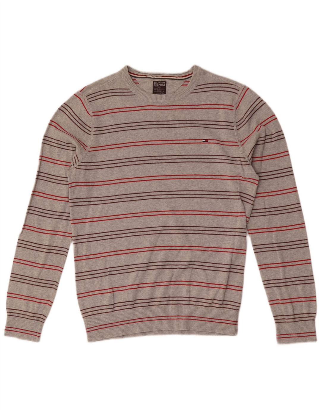 TOMMY HILFIGER Herren-Pullover mit Rundhalsausschnitt, mittelgrau gestreifte Baumwolle