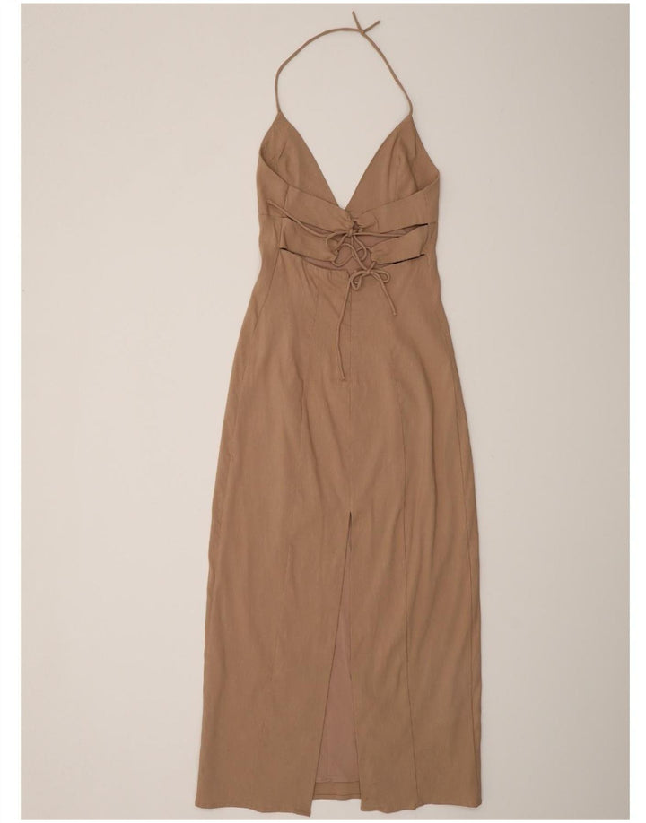 Zara Damen Neckholder-Kleid, Größe S, Beige, Leinen