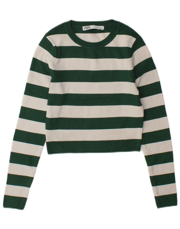 Zara Damen Crop-Pullover mit U-Boot-Ausschnitt, UK 12, mittelgrün gestreift