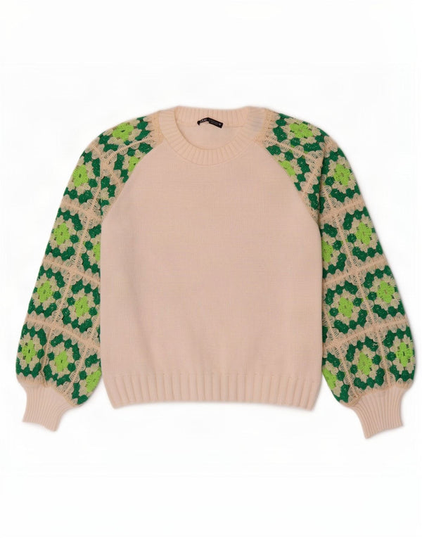 Zara Damen-Pullover mit U-Boot-Ausschnitt, Gr. 10, Größe S, weiß, geometrisch