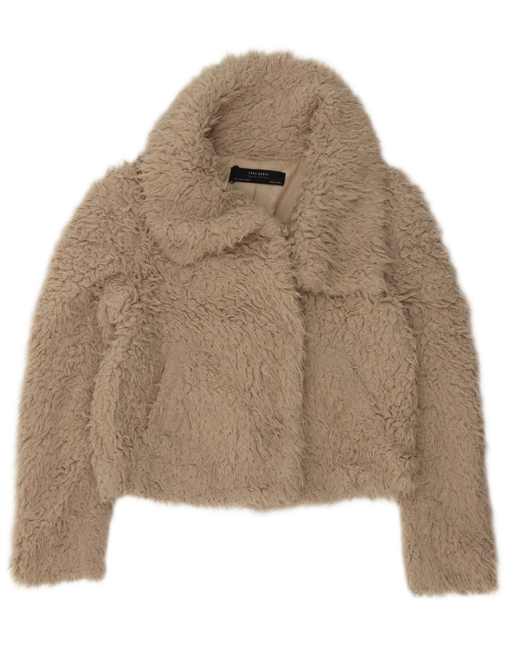 Zara Damen Oversize Crop Teddy Bear Jacke UK 10 Small Beige Polyester