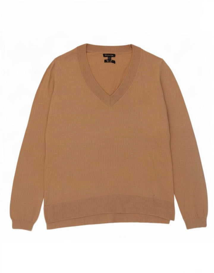 Massimo Dutti Damen-Pullover mit V-Ausschnitt, UK 12, mittelbeige Wolle