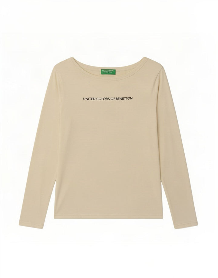 Benetton Womens Graphic Top Langarm UK 8 Small Beige
