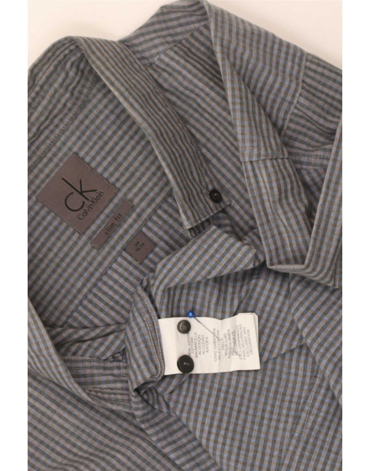 Calvin Klein Herren-Slim-Fit-Hemd, Größe 39, 15 1/2, mittelblaue Gingham-Baumwolle