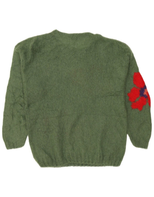 Vintage Damen Pullover mit grafischem U-Boot-Ausschnitt, UK 20 2XL, grün geblümt
