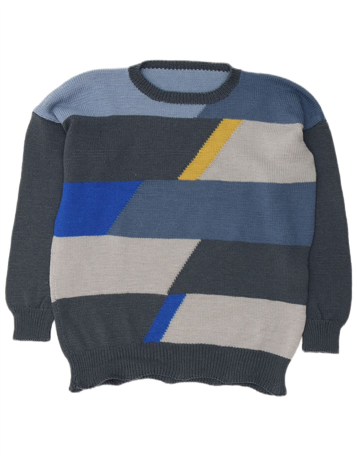 VINTAGE Herren-Pullover mit Rundhalsausschnitt, groß, grau, Farbblock