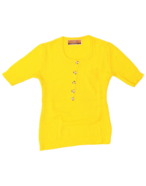 Vintage Damen Pullover mit U-Boot-Ausschnitt, UK 12, mittelgelb, geblümt