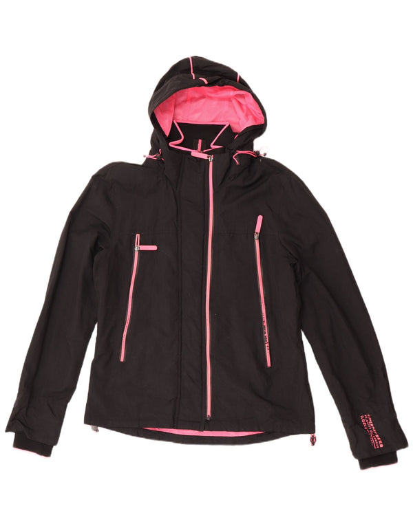 Superdry Damen-Regenjacke mit Kapuze, UK 14, großes schwarzes Nylon