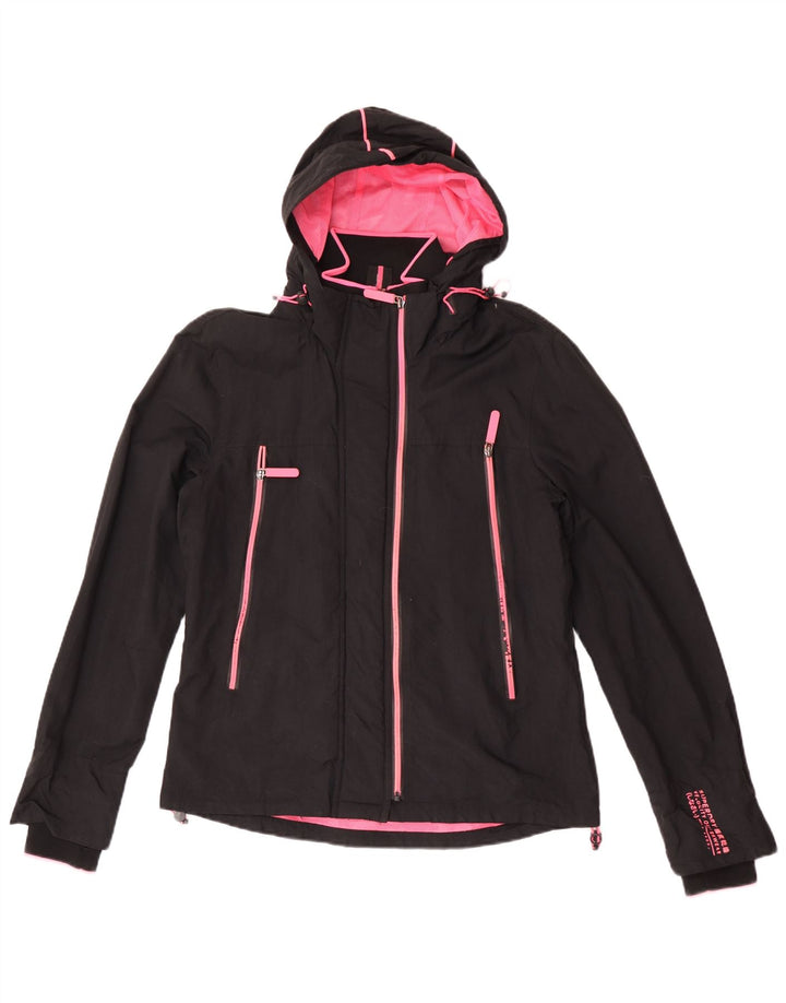 Superdry Damen-Regenjacke mit Kapuze, UK 14, großes schwarzes Nylon