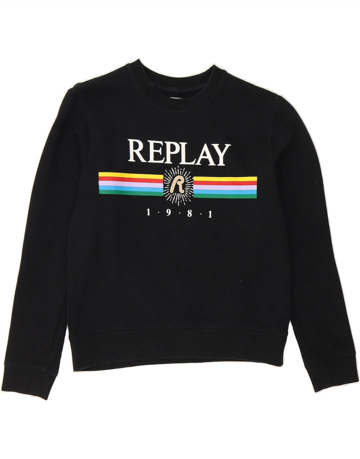 REPLAY Womens Graphic Sweatshirt Jumper UK 10 Small Black Cotton Vintage Replay and Second-Hand Replay from Messina Hembry 