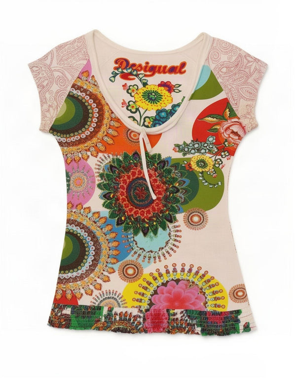 Desigual Damen Grafik-T-Shirt-Oberteil UK 12 Medium Mehrfarbig mit Blumenmuster