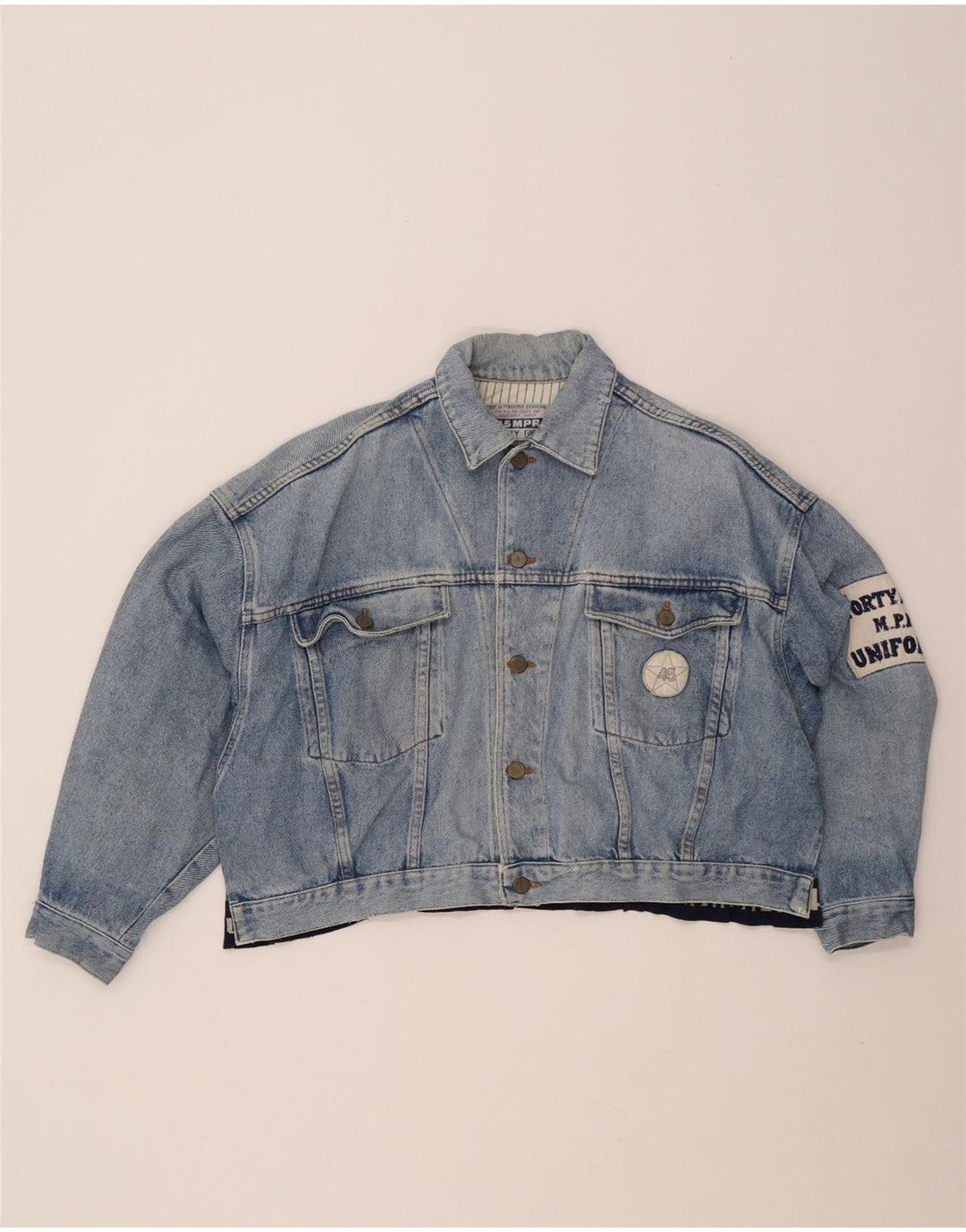 UNIFORM Damen Crop Graphic Jeansjacke UK 14 Large Blau