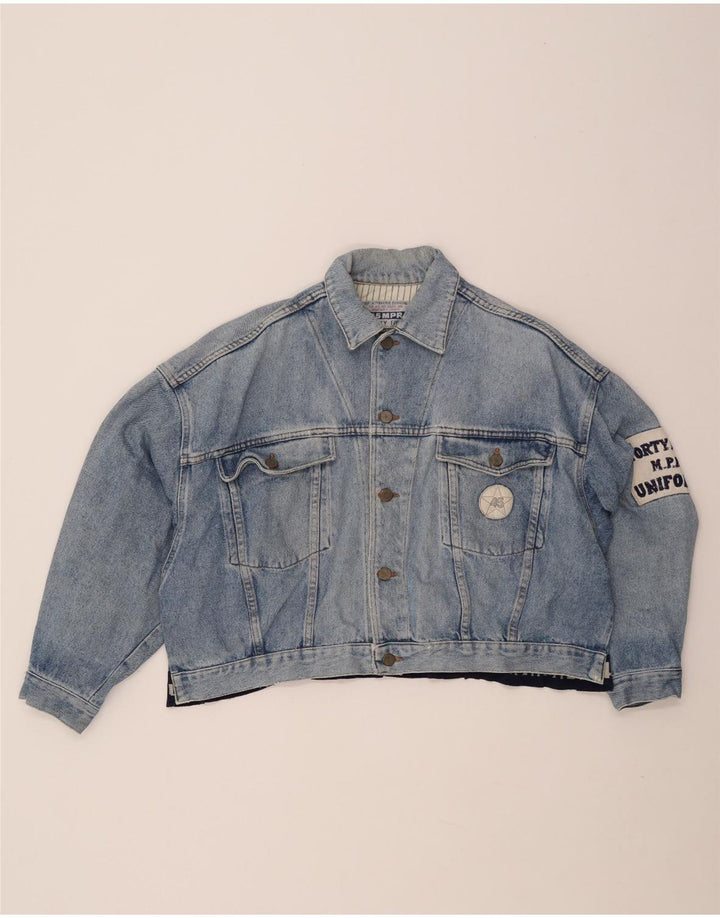 UNIFORM Damen Crop Graphic Jeansjacke UK 14 Large Blau