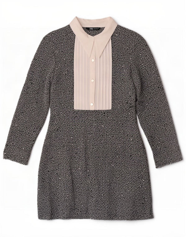 Zara Damen-Etuikleid mit 3/4-Ärmeln, Gr. 6, XS, grau gefleckte Baumwolle