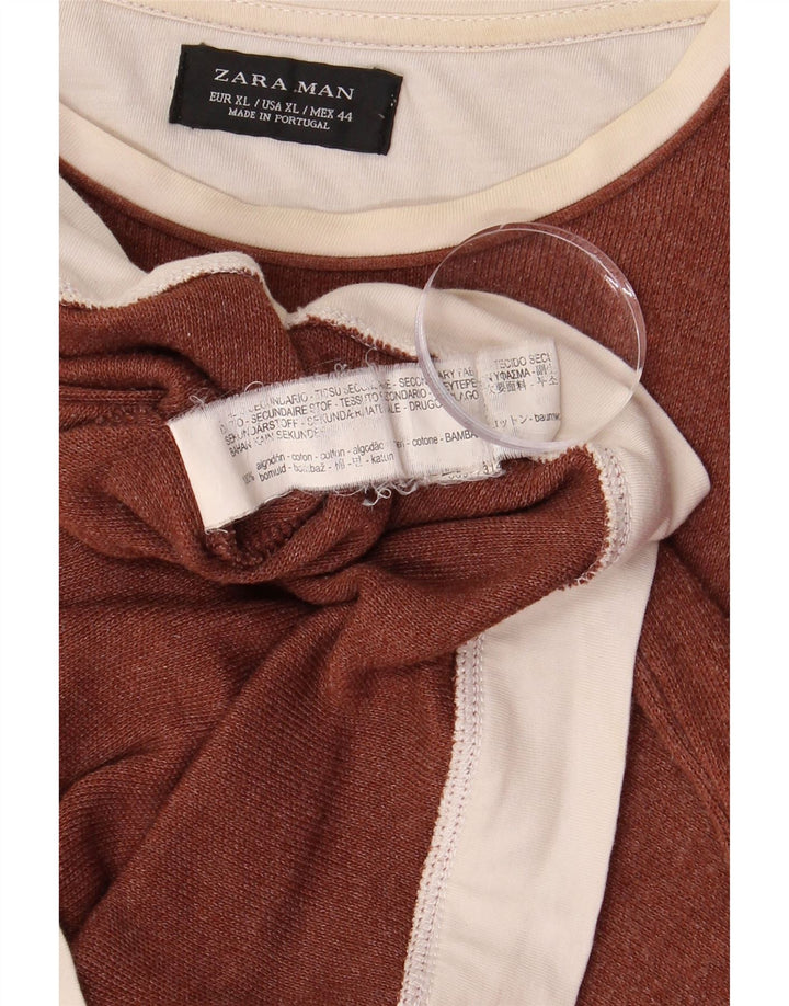 ZARA Herren Top Langarm XL Braun Colourblock Baumwolle