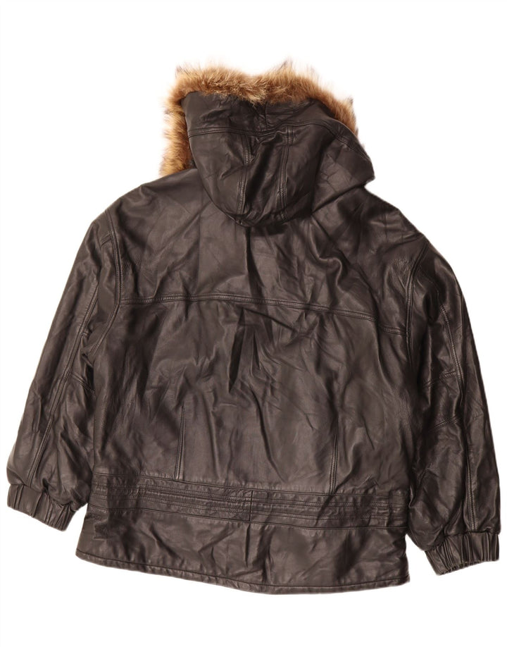 Vintage Damen-Lederjacke mit Kapuze, übergroß, Größe 48, XL, schwarzes Leder
