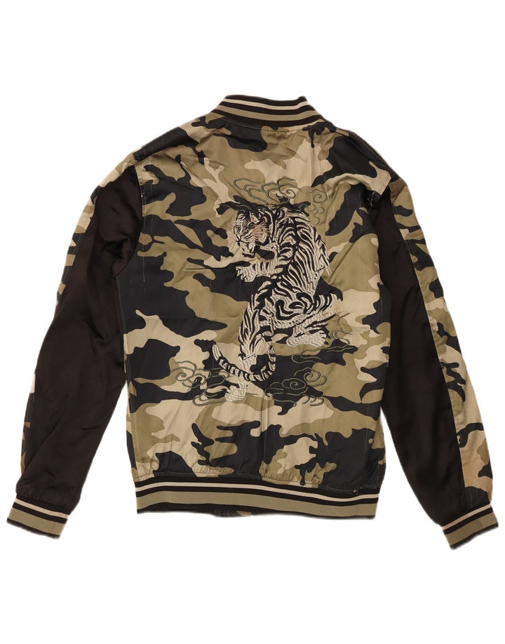 Grafische Herren-Bomberjacke von Zara, UK 38, mittleres Khaki-Tarnmuster, Polyester