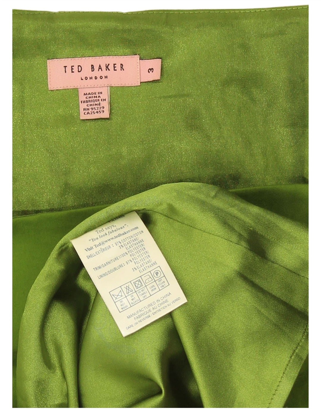Ärmelloses Etuikleid mit Rüschen für Damen von Ted Baker, Größe 3, mittelgrüne Baumwolle